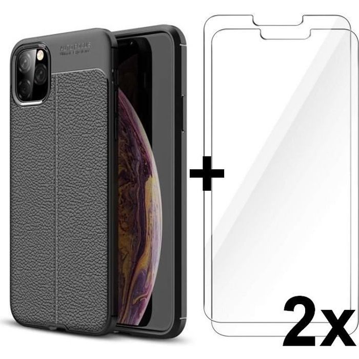 Coque + 2x Verre Trempe Iphone 11 pro max Etui Effet Cuir Housse Silicone