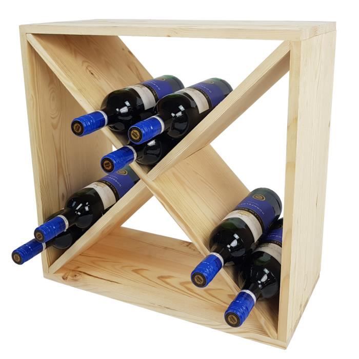 Casier à vin BACCHUS en forme de X - Étagère à bouteilles de 52 x 52 x 25 cm pour 24 bouteilles en bois de pin - NATUREL