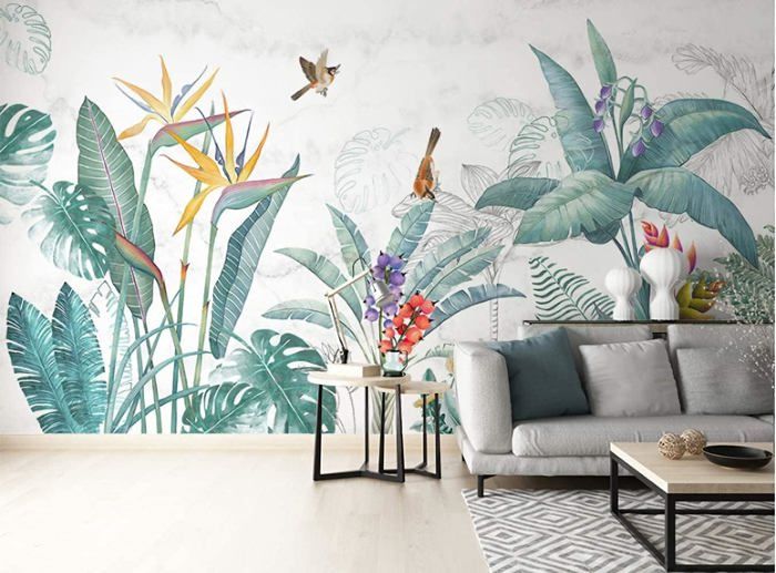 Papier Peint Panoramique jungle Soie, 350x256cm Plantes tropicales ...