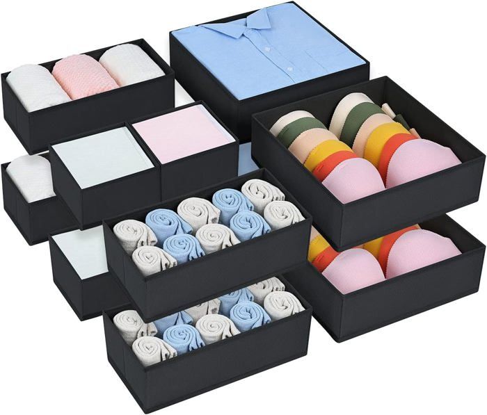 Exyvox Boîte de rangement 12 pièces, tiroir, vêtements non tissés, ouverte, pliable, lavable et respirante (gris