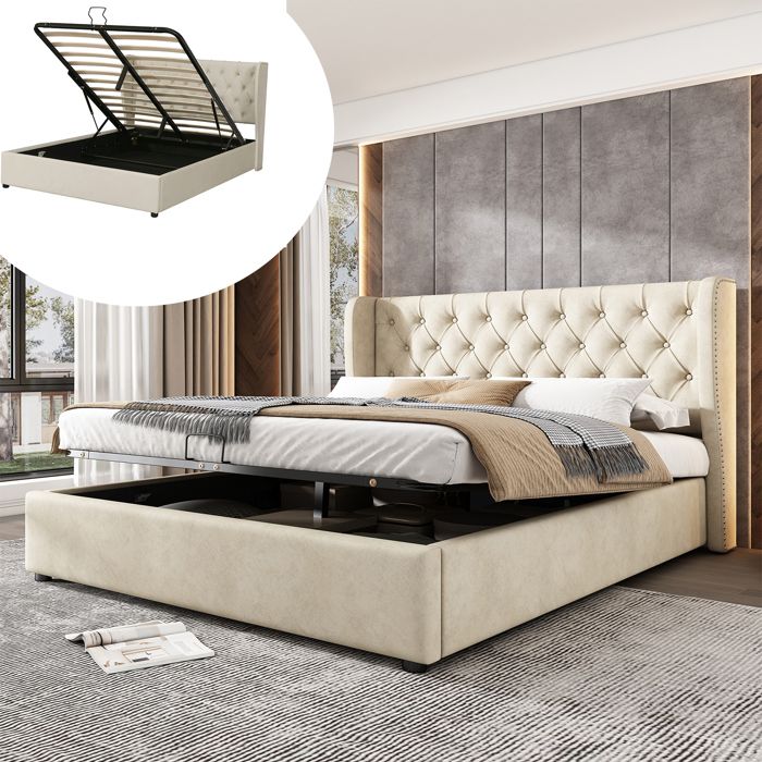 Lit coffre capitonné en velours 140x190cm avec sommier à lattes - Beige Lit coffre capitonné en velours 140x190cm avec sommier à lattes - Beige