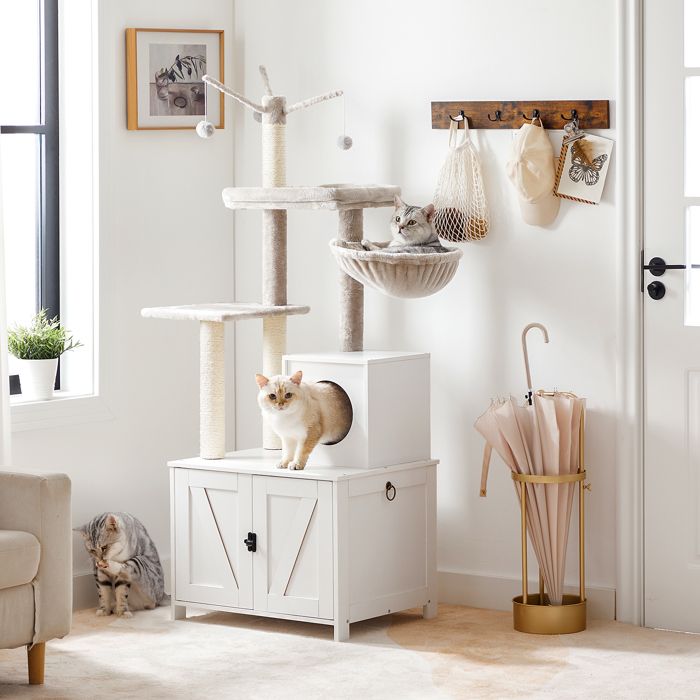 HOOBRO Arbre à Chat avec Maison de Litière pour Chat avec Tour à Chat Bâton de Chat taquin à Pompon Amovible Blanc