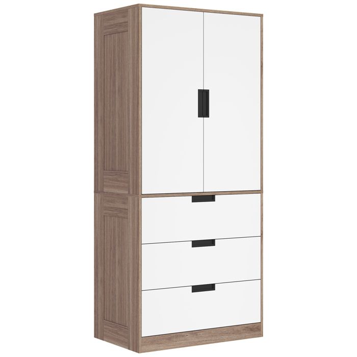Armoire chambre penderie - HOMCOM - moderne - 2 portes 3 tiroirs et tringle de suspension - pour chambre à coucher - marron