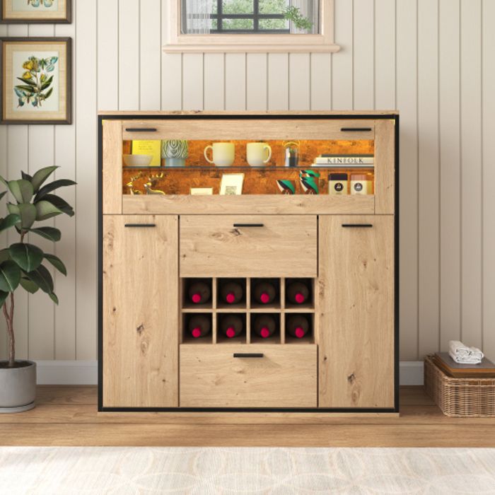Buffet 110x38x111cm avec élégante cave à vin à double porte cloison vitrée et éclairage LED orientable grand espace de rangement - Leytn