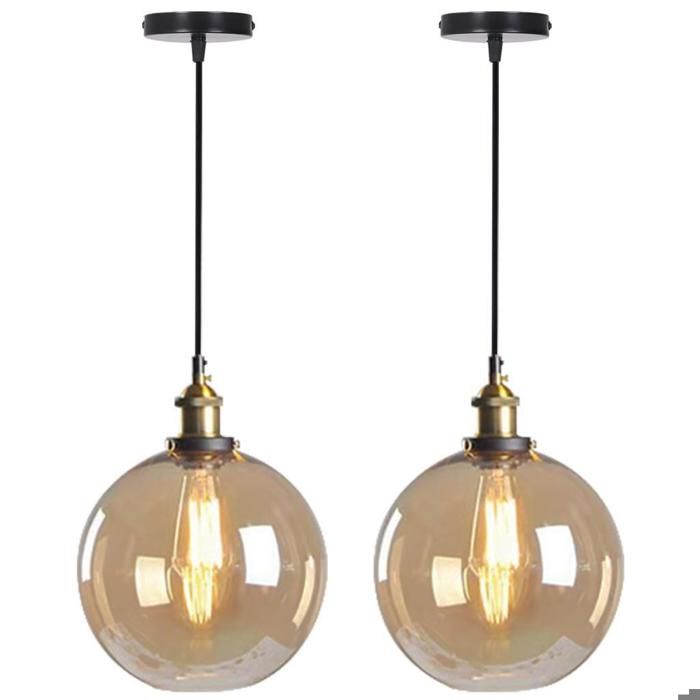 WOTTES Verre Rétro Suspension Luminaire Industrielle Vintage Lustre Eclairage de Plafond Lampe Design Rond Verre Brun Ø20CM 2PCS
