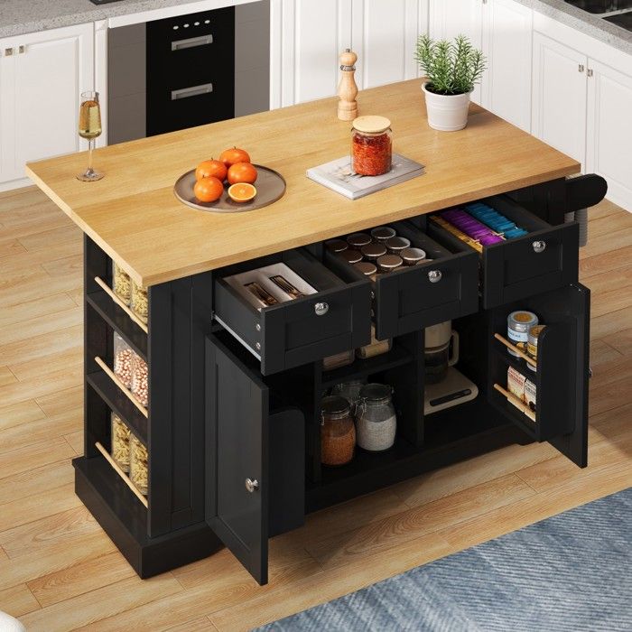 Îlot Cuisine Mobile 132cm Rustique - Planche Pliable + Prise - 5 Roues Tiroir Rangements - Pour Repas&cuisine