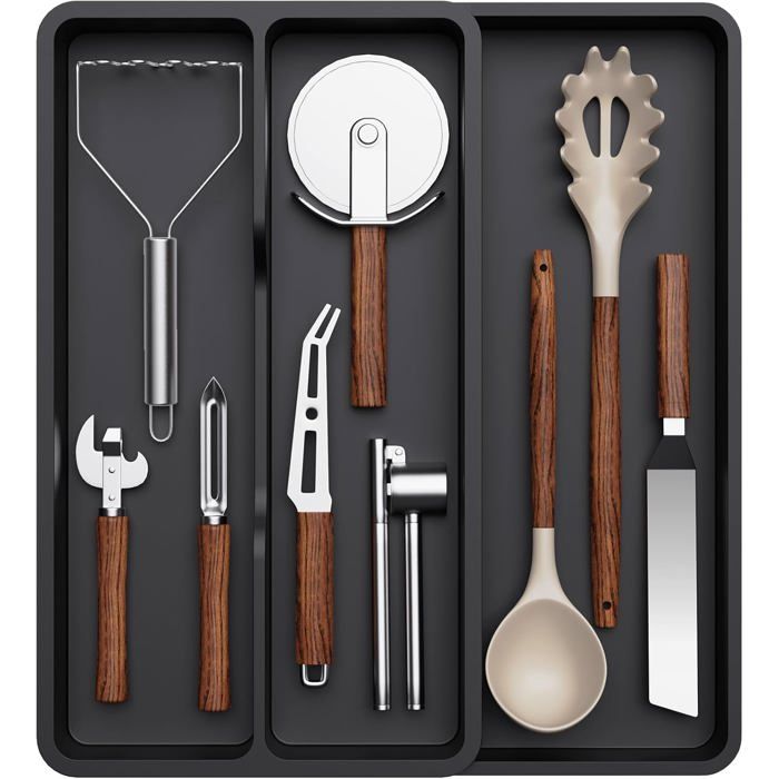 Range-couverts Organisateur De Tiroir 5 Compartiments Extensible - Bambou Noir - Relaxdays