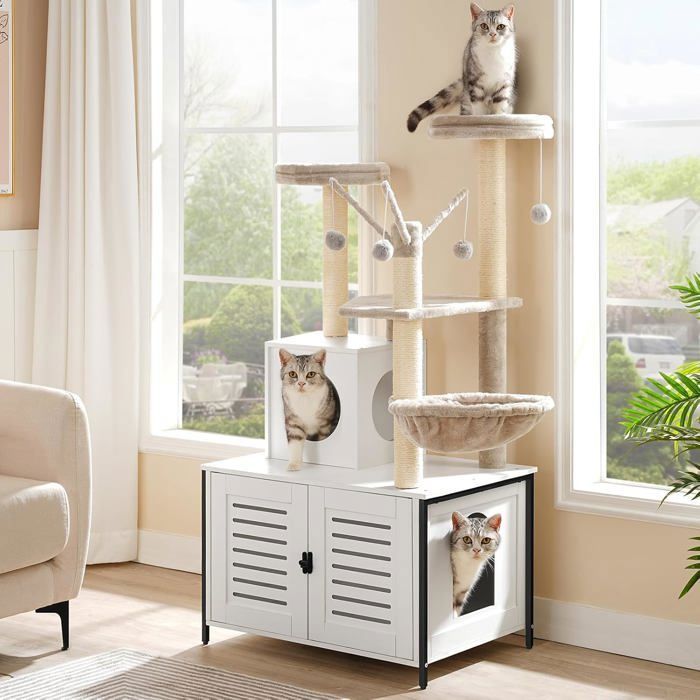 Comparer les prix de HOOBRO Arbre avec Maison de Litière en Bois avec Tour pour Chat Bâton taquin à Pompon Amovible Piliers en Sisal Blanc