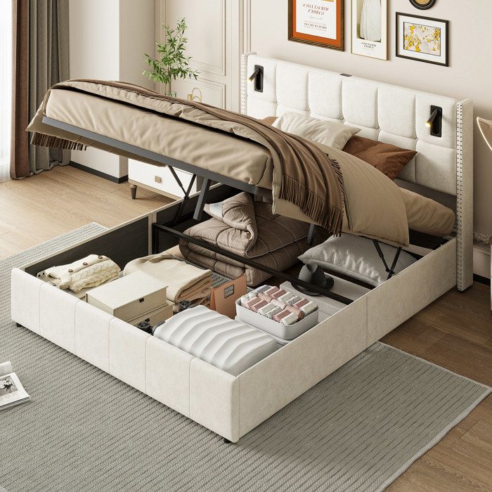 Lit coffre velours beige 140x200 cm – rangement hydraulique 2 lampes lecture LED sommier à lattes tête de lit
