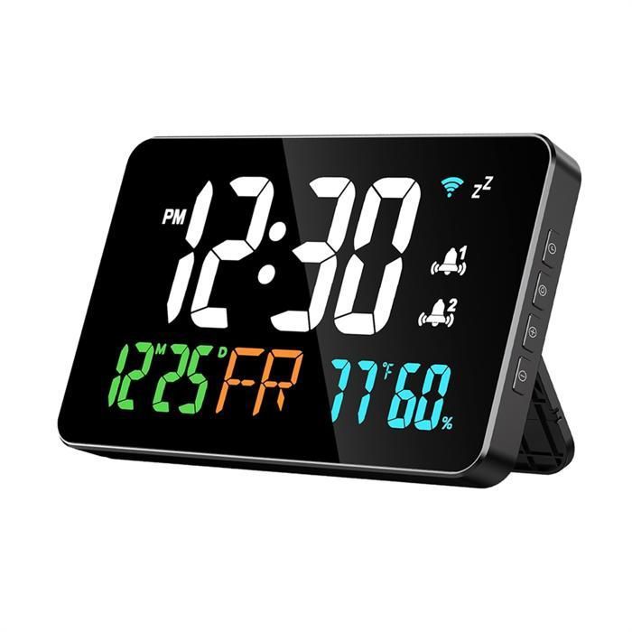 Réveil Numérique LED Multifonction - Affichage Température, Humidité, Double Alarme, 18 Sonneries, Blanc, Neuf