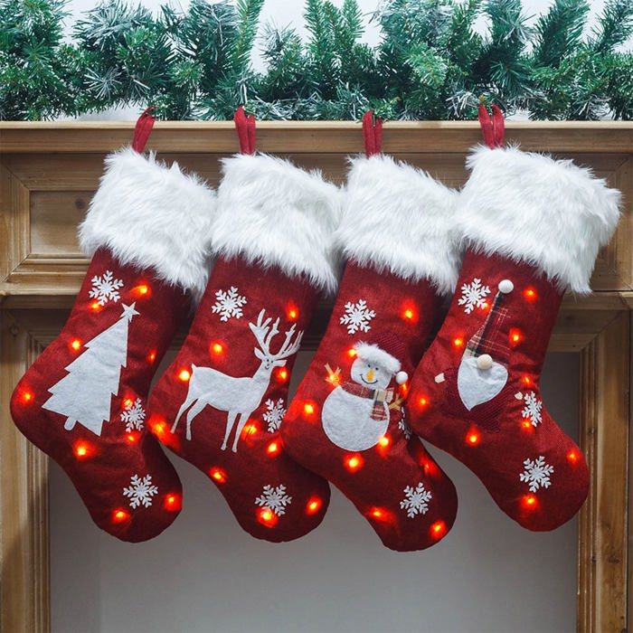 Chaussettes de Noël - HANDEIU - Lot de 4 - 47 cm - LED - Décoration intérieure