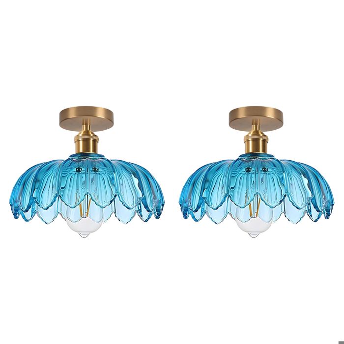iDEGU 2x Plafonnier Moderne en VerreLampe de Plafond Vintage Abat-jour Design Fleurs Lustre Style Nordique pour Salon ChambreBleu
