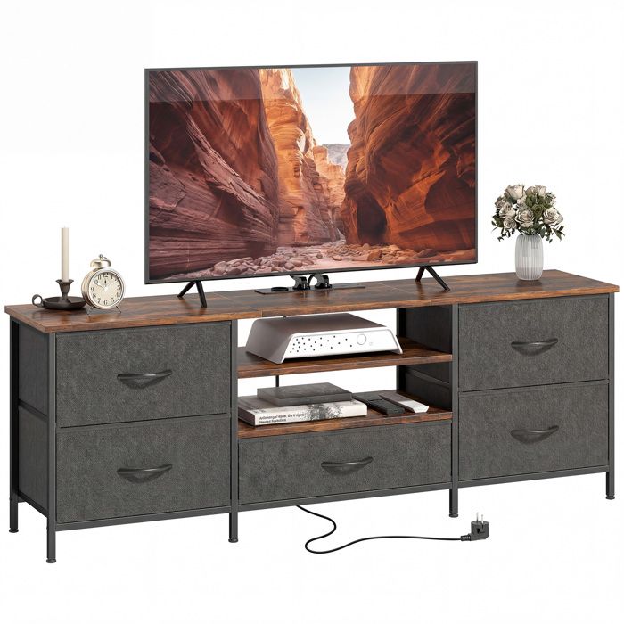 Meuble TV - HOMCOM - station de charge 5 tiroirs en tissu étagères ouvertes - panneau de particules et acier - 140x30x50cm - marron