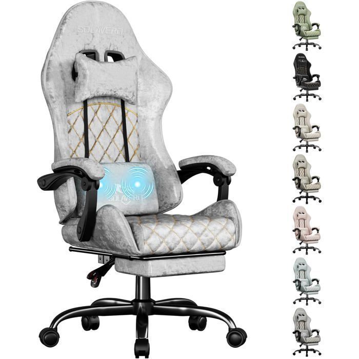 EcoFurnix - Chaise Gaming en Tissu Suédine - Support Lombaire Massante - Fauteuil Gamer Ergonomique - Tissu Respirant - Gris Argenté