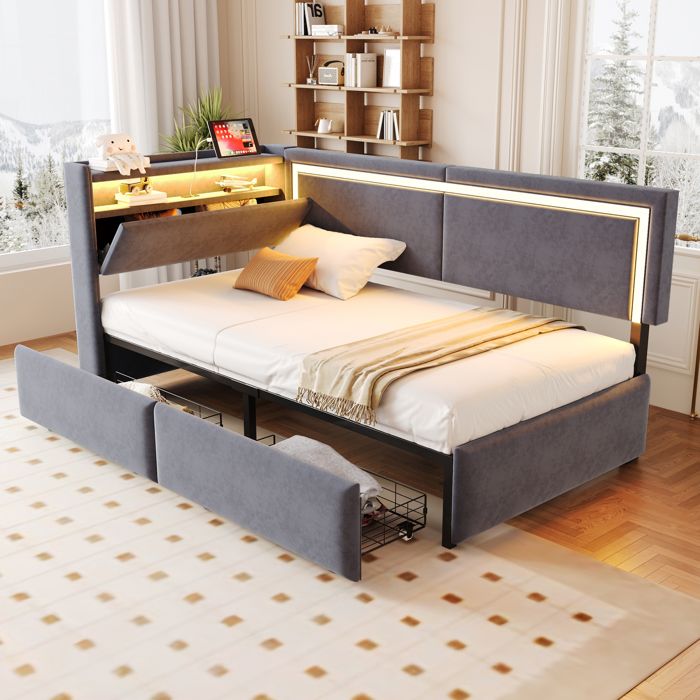 MIVRAY Lit Banquette Lit Simple avec LED Réglable USB Rangements et Tiroir 90×200 cm sans Matelas Gris Foncé