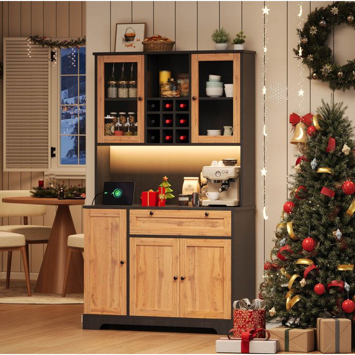 Buffet de cuisine vitré avec LED multicolore prise intégrée étagères réglables - ELVMI - Noir et naturel 105 x 40 x 180 cm