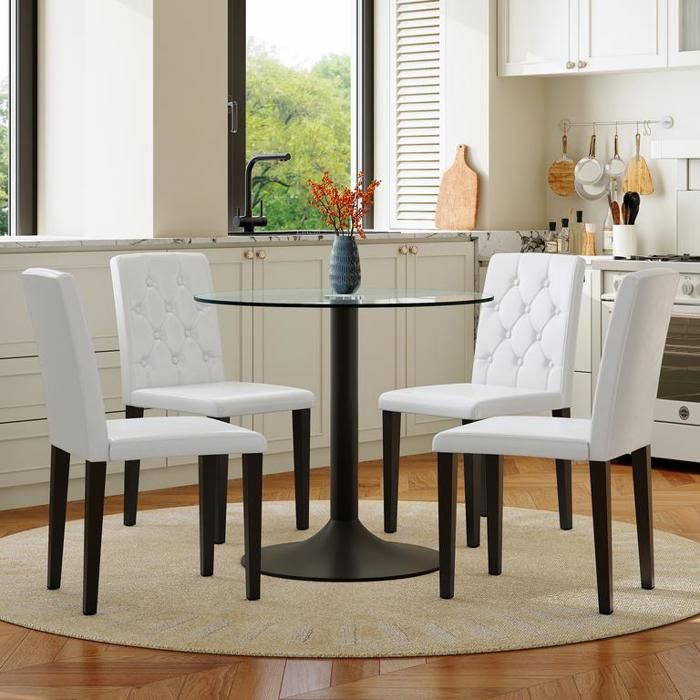 Table à manger avec 4 chaises en PU Ensemble table et chaises salle a manger ronde en verre trempé Dossier orné de boutons