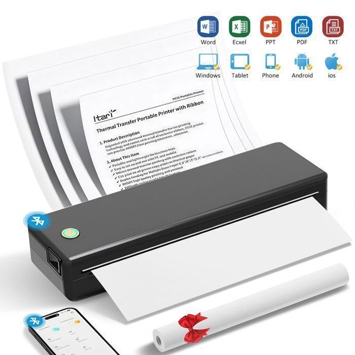 Imprimante Thermique Portable A4 sans Encre - Connexion Bluetooth 2600mAh Compatible PC/Mac/iOS/Android (A4/B5/A5/A6)