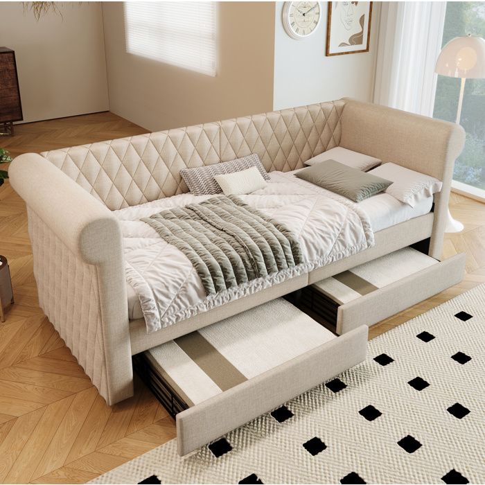 ULEVR lit de jour 90 x 200 cm beige en lin avec 2 tiroirs sommier a lattes en bois inclus sans matelas