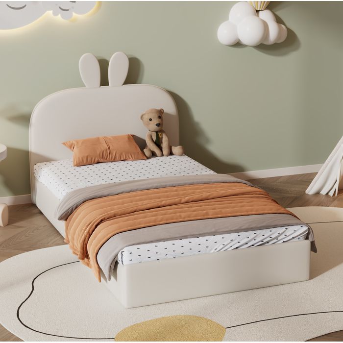 ULEVR lit enfant 1 place 90 x 200 cm avec tete de lit lapin velours beige sommier a 12 lattes en bois