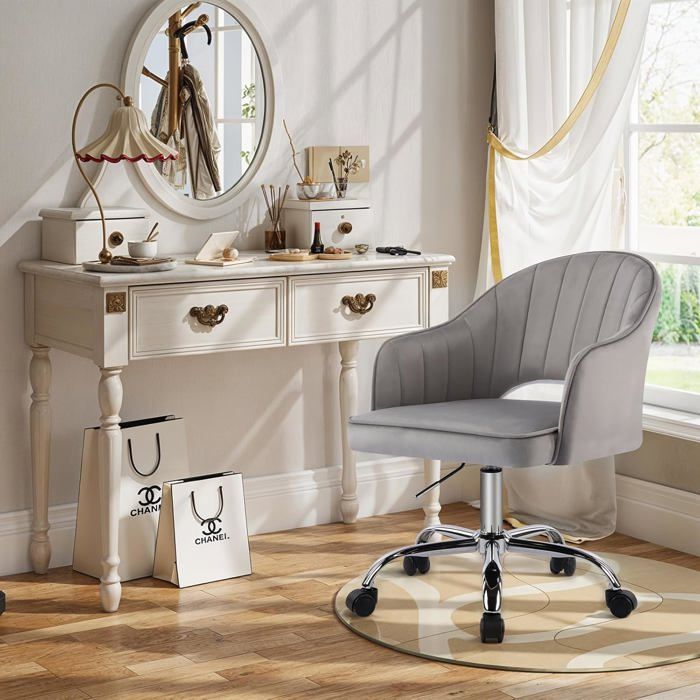 FIXIMASTER Chaise de Bureau/Coiffeuse en Velours Pivotante à Roulettes Hauteur Réglable Ergonomique - Gris