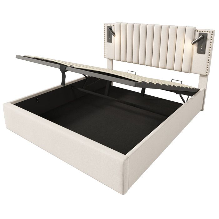Polsterbett 160x200 beige avec tête de lit rivetée coffre de lit liseuse USB intégrée sommier et matelas inclus en coton
