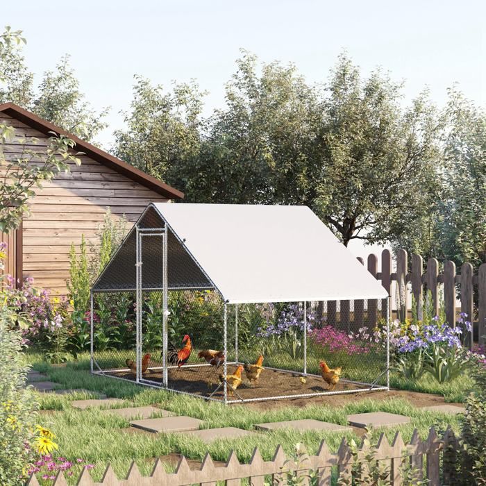 Poulailler enclos extérieur 3 x 2 x 2 m avec toit d’ombrage pour 4-6 poules canards et lapins