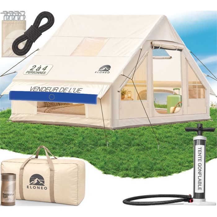 ELONEO tente gonflable glamping 300x210x200 cm beige tente familiale camping extérieur imperméable