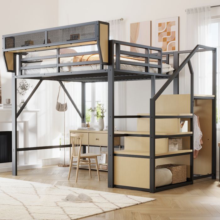 Lit mezzanine 140x200 cm en métal noir avec escalier de rangement étagère modulable et espace libre 140 cm