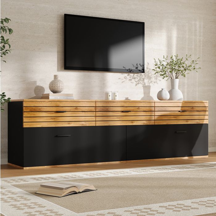 Meuble TV 168 cm avec 2 portes abattantes et 3 tiroirs bois naturel et noir pour TV jusquà 65 pouces