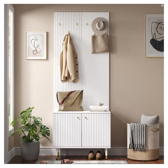 Vestiaire d’entrée 70 x 35 x 180 cm - meuble à chaussures 2 portes - 6 patères - étagère réglable - MDF et panneaux - blanc
