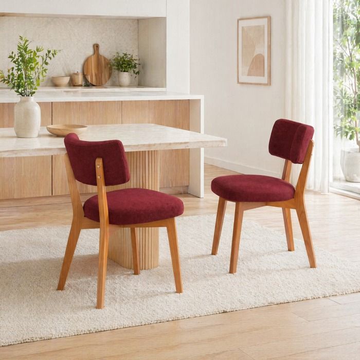 Chaise de salle à manger lot de 2 en style Mid-Century - ELVMI - assise rembourrée bois massif tissu rouge bordeaux