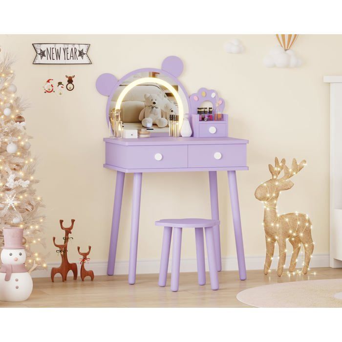 Coiffeuse princesse violette enfant avec miroir ours lumineux tabouret et tiroirs table maquillage bois pour chambre et jeu