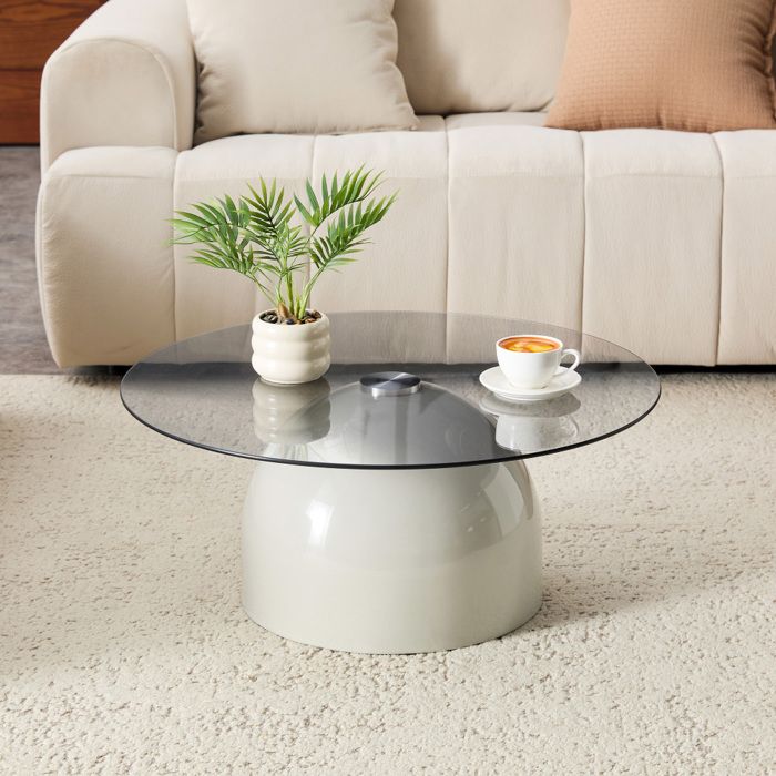 Table basse ronde 70cm verre trempé socle carbone gris perle design minimaliste moderne stable et facile nettoyerpour salon café