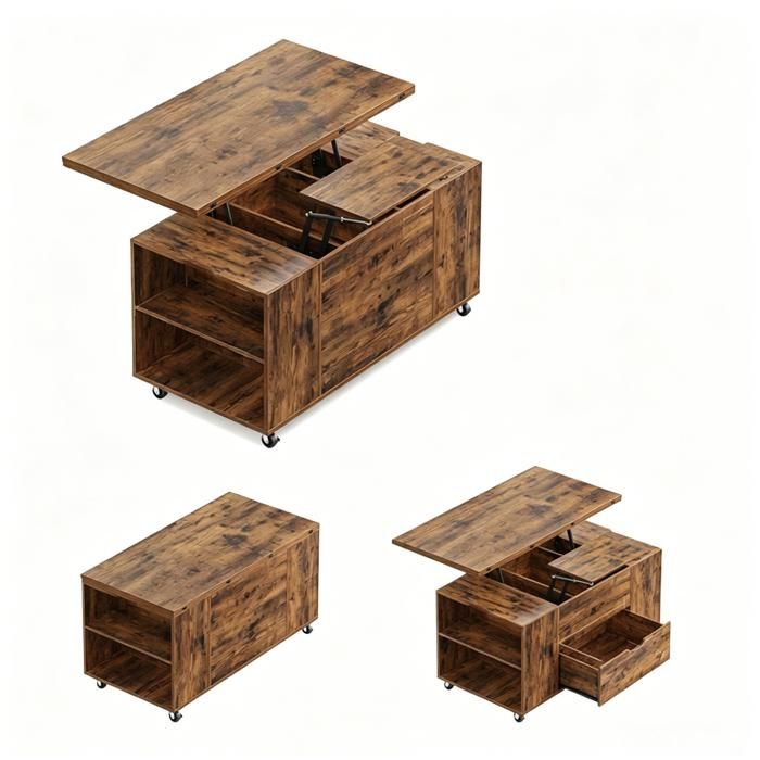 Table basse relevable mobile 505 x 100 x 53 cm bois et métal marron rustique avec roulettes verrouillables et rangement intégré