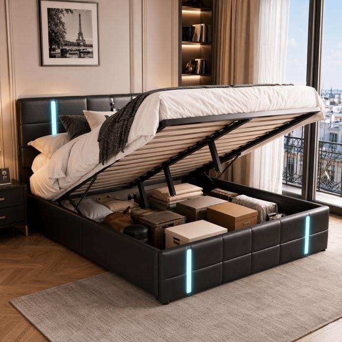Lit coffre 160x200 cm avec rangement lit double adulte noir en PU avec LED USB intégré et sommier lit relevable hydraulique