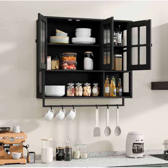 Meuble rangement mural salle de bain 3 portes vitré noir 88x26x82 5 cm avec barre porte-serviettes VEVXYN