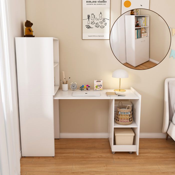 Bureau secrétaire extensible 2-en-1 étagères réglables et plateau coulissant - HAVRYA - MDF blanc Chambre Bureau