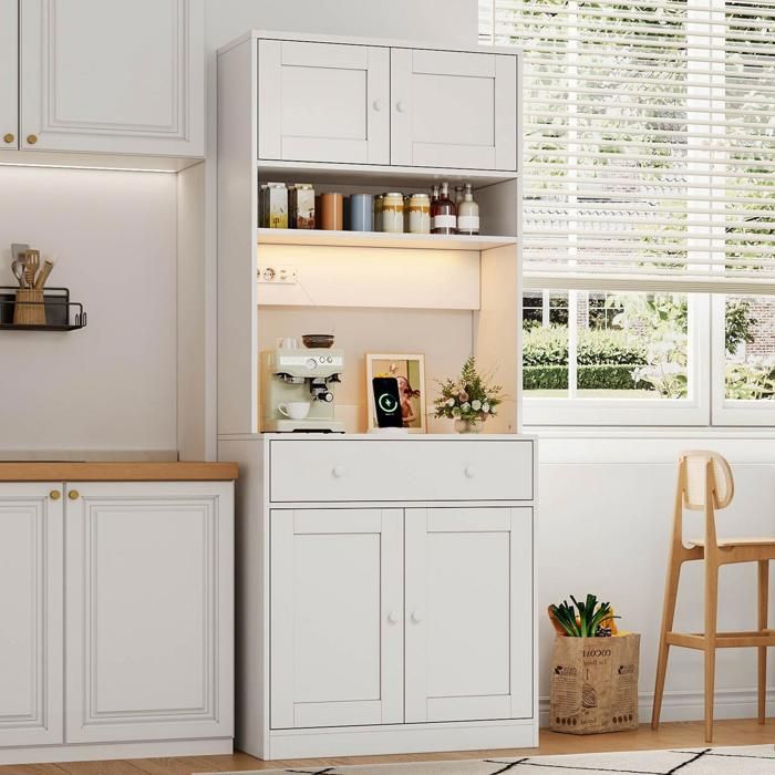 Buffet de Cuisine Blanc Armoire Haute avec LED Prise Meuble de Rangement avec 4 Portes et Grand Tiroir Plan de Travail 72x40x180cm
