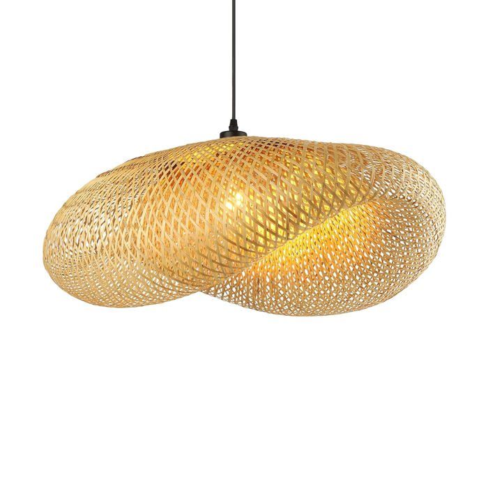 Lustre suspension chapeau paille et rotin tissé E27 60 cm - luminaire bohème pour salle à manger cuisine ou salon de thé