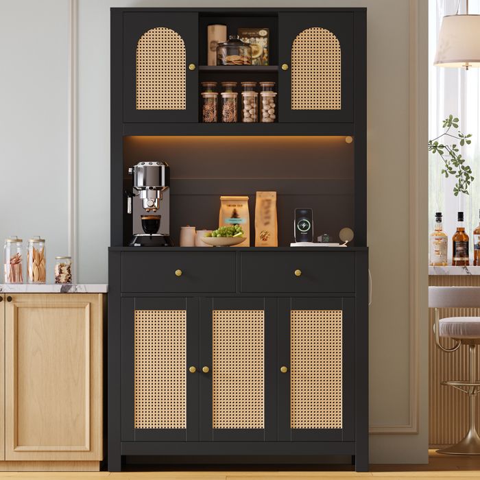 Meuble de cuisine 100x40x180 cm Noir MDF avec LED prises USB 5 portes en rotin et 2 tiroirs