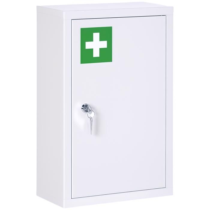 Armoire à pharmacie murale en acier armoire à médicaments à 3 niveaux porte verrouillable 2 clés 30x14x46cm blanc