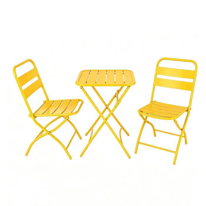 Ensemble Bistro Pliable 3 Pièces Métal Table & 2 Chaises Jardin Balcon Jaune