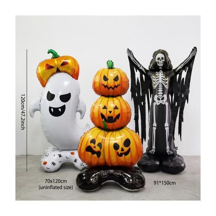 Kit 3 Grands Ballons Halloween 4D Autoportants XXL - Fantôme Citrouille & Squelette Géant alu