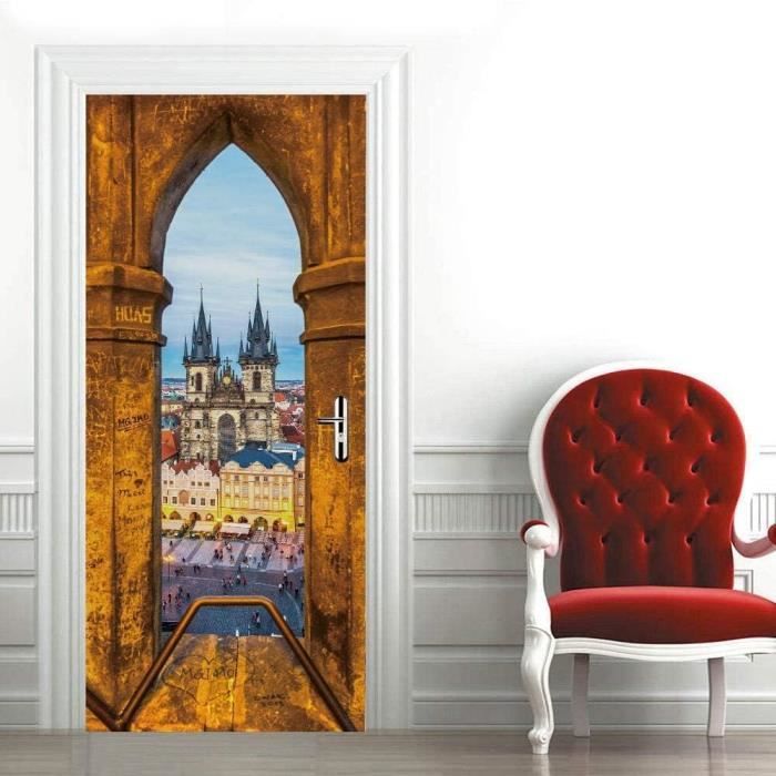 Sticker Porte 3D Cheval Blanc - 77x200 Cm - Effet Trompe-l'œil - PVC Imperméable - 2