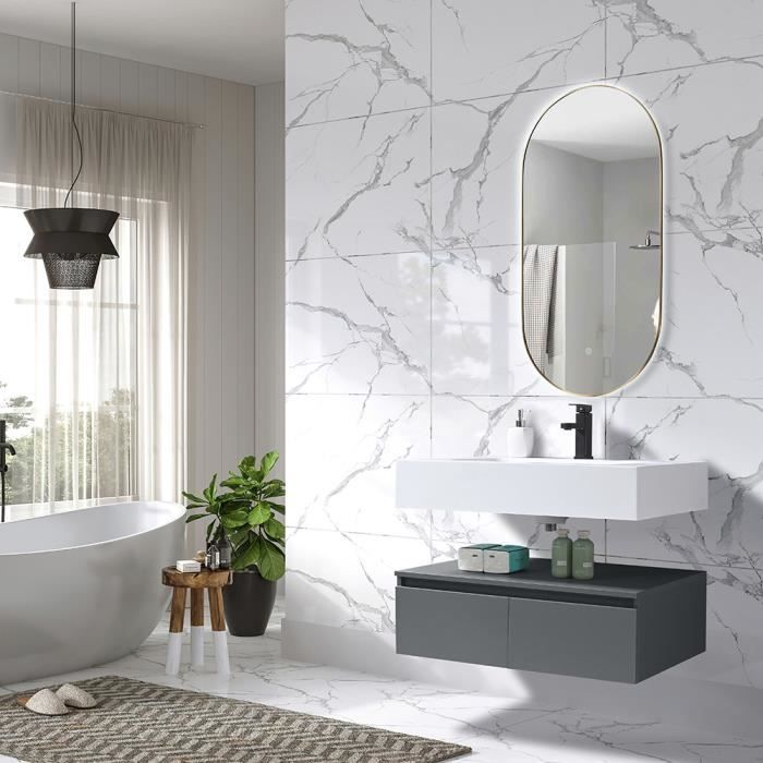 LuxuryBain - Meuble de salle de bain simple vasque 80cm en Corian blanc avec miroir led