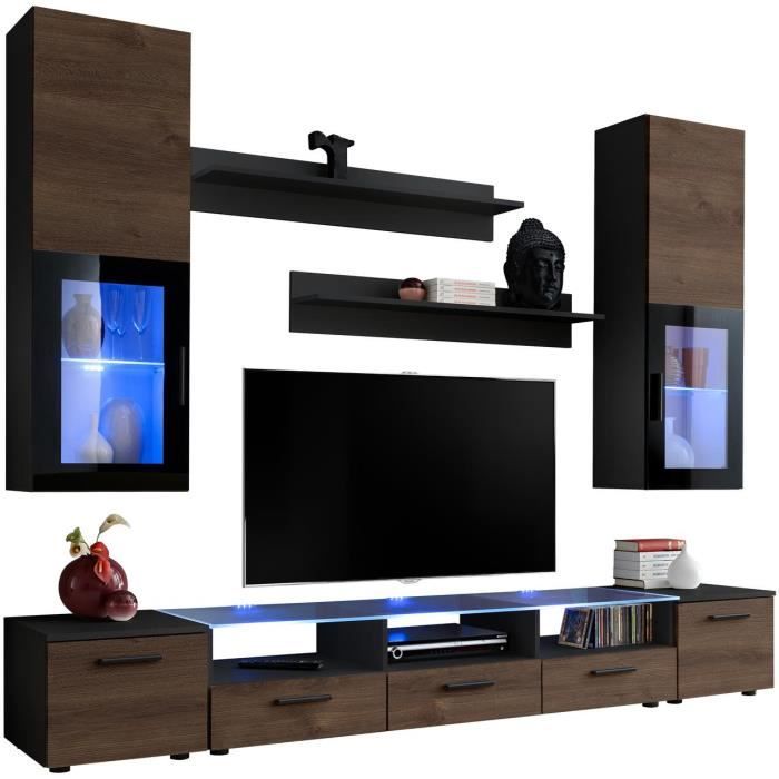 extreme furniture meuble tv mural shine led bleues bronze mat noir facades en bois mat l230cm x h195cm x p45cm cdiscount maison