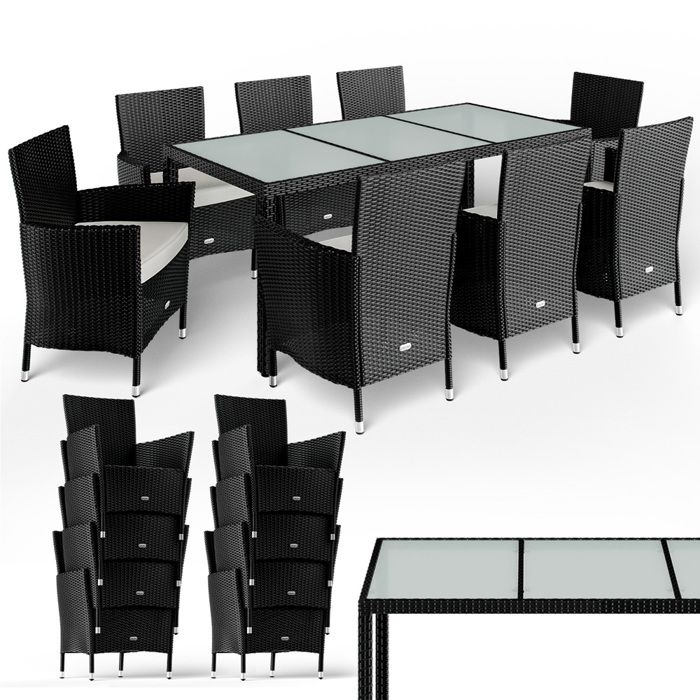 Deuba Salon de Jardin 17 pièces en polyrotin Noir - 8 Chaises empilables 1 Table avec Plateau en Verre - 8 Coussins Beige…