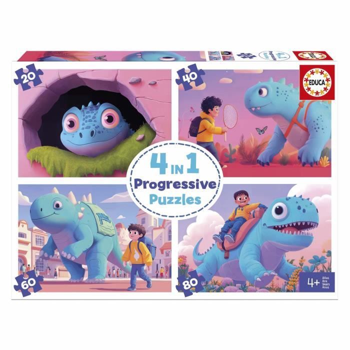4 Puzzles - EDUCA - Dinos sympathiques - 20+40+60+80 pièces