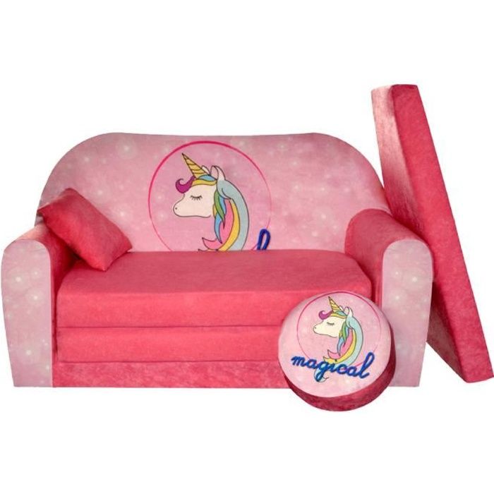 Sofa enfant convertible rose, transformable en lit pour enfant, idéal pour une fille